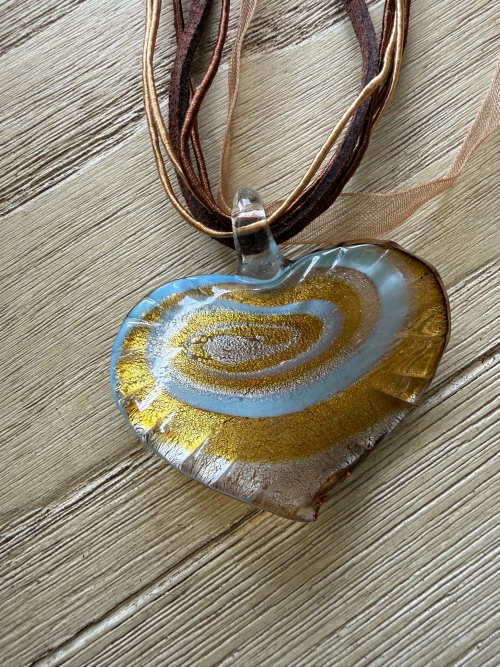 Necklace with Gold and Blue Swirl Heart-Shaped Glass Pendant